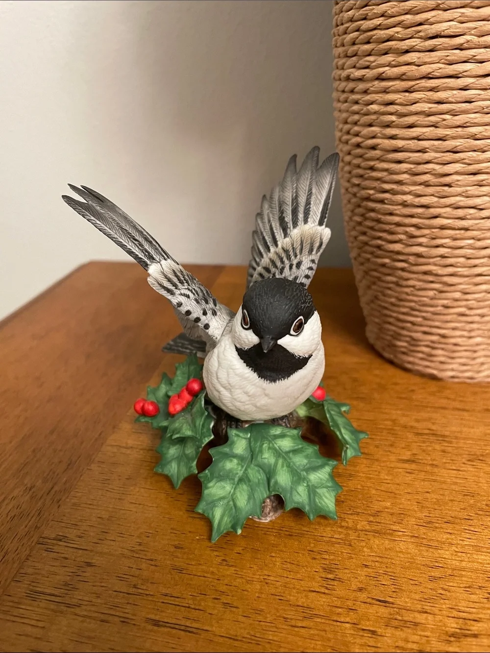 Lenox Fine Porcelain CHICKADEE Bird Figurine with Holly & Red Berries Decor